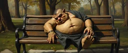 master oil painting by Rembrandt, fat orc sleeping on a bench in the park