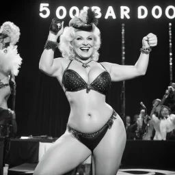 think about a commercial poster script for a burlesque show, the mature woman artist standing on stage in burlesque lingerie doing a thumb up to the camera with a smile, saying "5,000 watchers! That's awesome." Bigger! Wilder! Whoa!