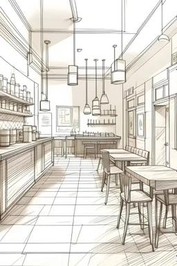 A sketch of a coffee shop interior design in a minimal style