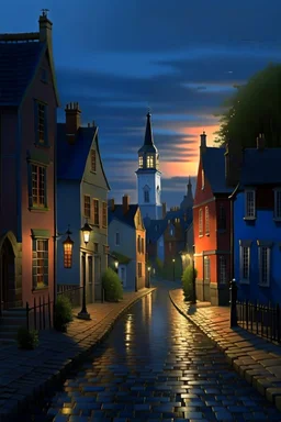 tranquil evening in a quaint town. Houses with illuminated windows dot the landscape, with their warm glow contrasting against the cool blue hues of the evening sky. Raindrops glisten on the cobblestone streets, reflecting the soft light from the street lamps. In the distance, a church or cathedral with a prominent spire stands tall, its silhouette contrasting against the fading light. The overall ambiance is one of serenity and nostalgia, evoking feelings of coziness and warmth amidst the chill