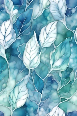 Alcohol ink art leaves pattern. Vibrant, fantasy, delicate, ethereal. Shades of blue and green, white outlines 8K