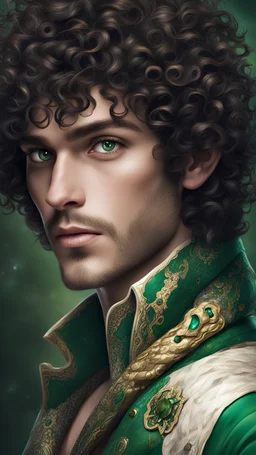 Prince Python Dark curly hair, emerald green eyes filled with curiosity and wit, charming and quick-thinking.