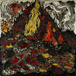 A volcano with chaotic fire painted by Jean Dubuffet