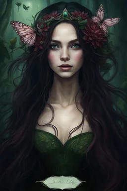 Water lilies Dark burgundy red long hair Dark Fairy princess rapunzel hair queen crown butterflies dragonflies fireflies elven tiara flowers fairy wings emerald moss