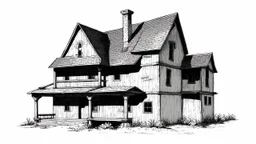 A front elevation line drawing of a fantasy mediaeval ramshackle house.