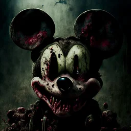 zombie mickey mouse hybrid, photorealism, movie screen capture, horror, sci-fi, evil, hungry, rotted