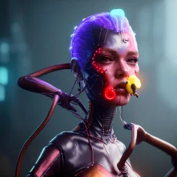 pretty island cyber woman, cold ambient, latex, cables, purpurin, blood, black, gold, piercings, brown, decorative color feathers, circuits, neon style, a lot of led lights, fog, rain, vibrant color, highly detailed, art stations, concept art, smooth, unreal engine 5, god rays, ray tracing, RTX, lumen lighting, ultra detail, volumetric lighting, 3d, finely drawn, high definition, high resolution.