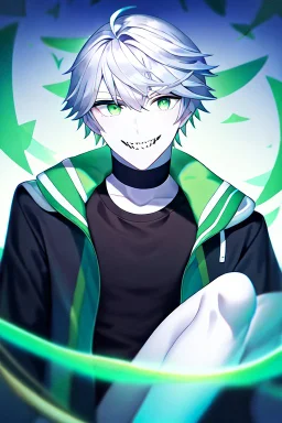 plauge doctor in balck leather clothes with silver hair, pale skin and bright green eyes smiling with sharp teeth, nice young face, male, viscious smile