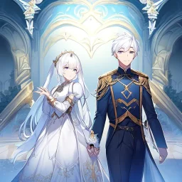 Twins, boy and girl, white hair, silver eyes, royal hall background