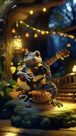 portrait of hairy rock guitar frog living inside a tree house in a hollow huge tree growing light bulbs,bokeh like f/0.8, tilt-shift lens 8k, high detail, smooth render, down-light, unreal engine, prize winning