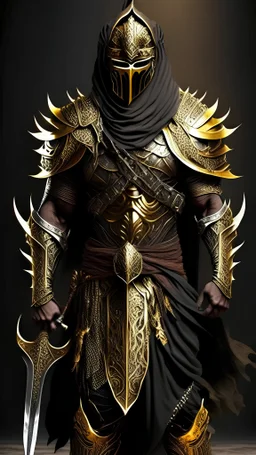 Arab warrior Full Body Full Armored Wearing Face Mask Iron Masculine Mysterious Powerful Fantasy High Quality Carrying Sword Golden clothes