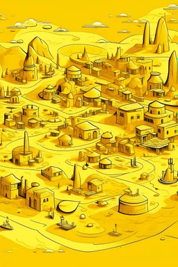 A yellow short city with battery shaped buildings designed in Lascaux cave paintings