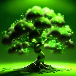 яркое светящееся объемное реалистичное дерево, на котором растут зеленые денежные купюры