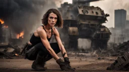 beautiful slender caucasian female technician with a knife, black tank top, well toned muscles, weathered face, scratched sand camo metal details, short brunette wavy bob haircut, dystopian, postapocalyptic city scene with smoke and explosions. giant robot in the background