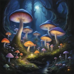 Midnight scene with multicolored glowing mushrooms inhabited by luminescent pixies, magical, fantasy, enchanting, whimsical, detailed digital painting by Brian Froud and Alan Lee, mystical lighting, ethereal atmosphere, small creatures, floating, glowing, magical realism, vibrant colors, 16k resolution, hyperdetailed, depth, polished