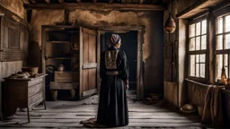 in front of the picture from the back, an middle-aged woman in a black vintage hungarian folk dress with brown hair in black woman headscarf , her standing in little old room, old, village environment, little light, sad atmosphere, high detailed, sharp focus, high realistic, perfect photo