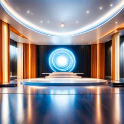 beautiful dance stage in luxury modern hall dynamic lights, modern furniture light blue & orange theme