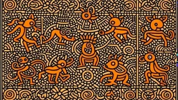 A light rosy orange colored savanna with animals designed in Mehndi design painted by Keith Haring