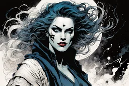 create an arcane, ethereal, otherworldly female Ravnos ancient antediluvian vampire sorceress , in the comic book art style of Mike Mignola, Bill Sienkiewicz, John Romita Jr., Leonardo Romero, Simone D'ARMINI, and Jean Giraud Moebius, with highly detailed feminine facial features , finely penciled and inked , dramatic natural lighting