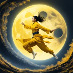 [fractal art: Apophysis, Mandelbulb 3d, Ultra Fractal] Michelle Yeoh as a martial artist monk in a yellow suit is jumping in the air next to planet with a large moon [Crouching Tiger, Hidden Dragon]