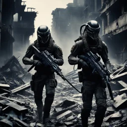 a hidden xenomorph [vintage style noisy scratches glitches, Shot the texture and then rewound the film and double exposed] In the midst of the destroyed city, the two US Marine soldiers move with precision in tight formation across the ruins, while the alien xenomorphs lurk in the darkness. Their eyes scanning the shadows as they sought to avoid being surprised by the deadly foes that could strike at any moment.