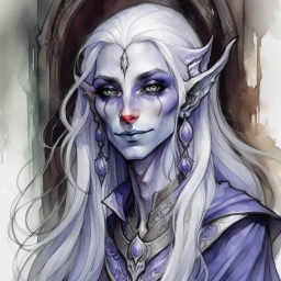 dnd, fantasy, watercolour, large strokes, stylistic, portrait, illustration, dull colours, woman, dark elf, drow, face, narrow long face, cruel face, purple eyes, vicious, smiling, white hair, very long hair streaming down the shoulders, lush hair, elegant, short small mouth, cruel smile