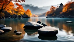 A serene autumn scene . Rocks delicately balanced atop each other in the water form a minimalist, tranquil composition. This image exudes a powerful zen atmosphere, with its soft and natural background. It encapsulates the essence of environmental art and invites meditation in a zen garden or temple,dramatic scene