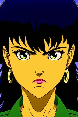 female 80's anime character, angry and sweating, close up on face, black hair, earrings, striking features showing intense facial expression