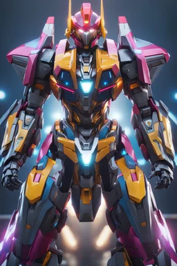 super robot with elements of Gundam, cool, gorgeous looks, anime, colorful outfit, highly detailed, sci-fi, futuristic, soft lighting, cinematic lightning, symmetrical, intricate, octane, bright color, 8k high definition, unreal engine 5, good pose, photo, sharp focus, ultra realistic, perfect anatomy, armor with glitter diamonds, jeweled skin, crystals, sapphires, ornate, white, translucent, silver