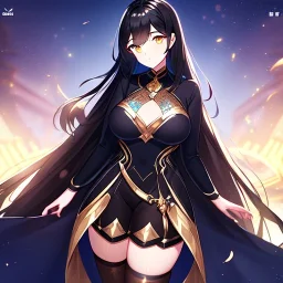 girl, masterpiece, best quality, volumetric lighting, detailed outfit, perfect eyes, black hair, golden eyes, long hair, thigh highs,