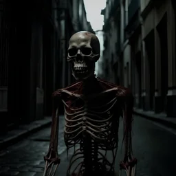 Horror movie photo of a street, skeleton with veins, blood and nerves, humid, horror, Sam Raimi, dark, spooky, hyperrealistic, dark room