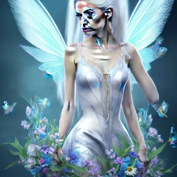 Fantasy fairy with transparent wings, smiling, make up, long platinum blond hair with crown and flowers, blue dress, flower background