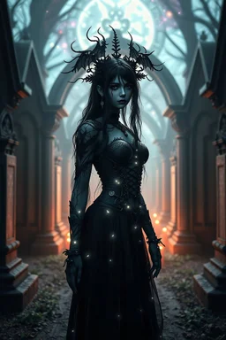 Create me headshot from Arcane realistic as a gothic girl with light bleaming down her body highly intricate, standing in front of cemetery crypts celestial lights behind her Realistic photography, incredibly detailed, ultra high resolution, 8k, complex 3d render, cinema 4d.
