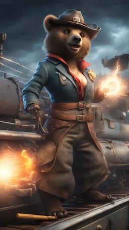 bear with rolling pin and flashy magazine cover illustration, fallout 4 docks setting, horror weird cowboy wizard cyberpunk weasel in female garments on top of train ,holding dynamite, getting hit by lightening electric arc, with big disturbed eyes,bokeh like f/0.8, tilt-shift lens 8k, high detail, smooth render, down-light, unreal engine, prize winning