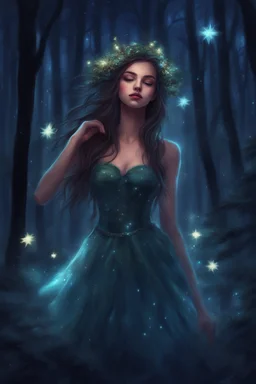 Painting of a dream girl in a fantasy forest, sparkles in the forest background, digital painting, fantasy painting, dancing girl, song, fantasy art, fantasy girl, beautiful girl, beautiful face, 25 years old, beautiful painting, forest In the background, dark night, glitter in the background, fantasy forest, haunted forest