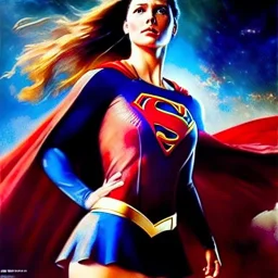 hyperrealism Drawing of 'Supergirl' by gaston bussiere, greg rutkowski, yoji shinkawa, yoshitaka amano, tsutomu nihei, donato giancola, tim hildebrandt,oil on canvas, cinematic composition, extreme detail,fit full head inside picture,16k