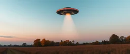flying saucer ufo in autumn evening field shooting a cone of light upwards to the sky
