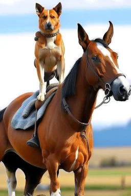 The dog is on top of the horse
