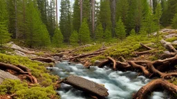 stream running through a rocky clearing in a pine forest