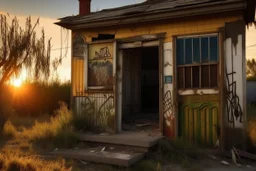 abandonaded house, near little road, break windows, wooden door, graffiti on facade, sunset