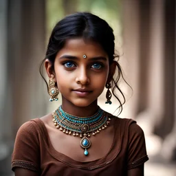 close-up, portrait photo, looking into camera, of a beautiful Indian girl, with bright blue eyes, no jewlery