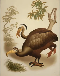 John James Audubon-like illustration of a fully uncropped Dodo bird and a Platypus in a chinoiserie landscape of warm yellows, warm reds, and warm blues