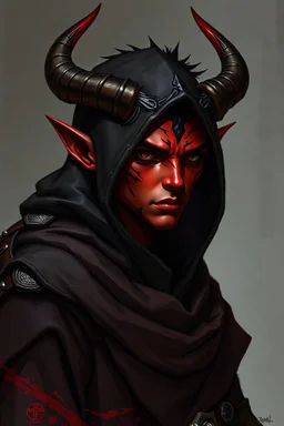 Generate a Dungeons and Dragons character portrait for a male tiefling wizard, young, red skin