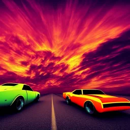 art deco, cyberpunk, two neon muscle cars, race, desert road, sunset, full colour, hd,