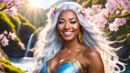 Portrait of a gorgeous smiling polynesian goddess with a golden dark skin, long smooth clear blue white hair, blue eyes, in a sci-fi outfit with luminous strikes sending a kiss in a hill of flowers with sakura trees, a small torrent, loads of mini flowers, moss, sun rays through the branches, particles in the air at spring