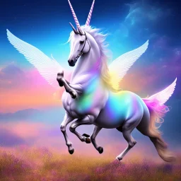  surreal illustration of a unicorn on luminous landscape, realistic, unicorn with glowing wings, glowing soft and smooth wings, shadow, highly detailed, intricate patterns on wings, soft studio lighting, smooth dark blue background 64k