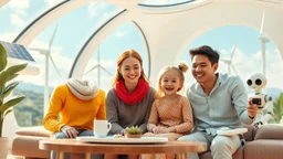 Futuristic family living in a luxurious future home, exciting technology, sustainable technology, solar power, water turbine, wind turbine, happy children, beautiful clothing, happy robots, colour photograph