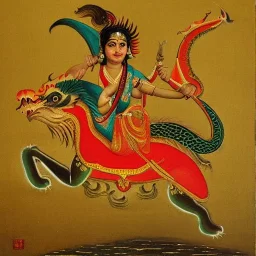 bramha riding a dragon in ravi varma painting style in ancient india