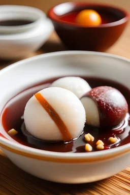 rice ball filled with red bean paste in ginger sugar water