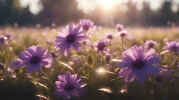 realistic cinematic purple light flowers in the morning sun rays in the field, hyper detail, realistic, 8k